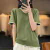 Women's T-Shirt Summer 100% Cotton Short-Sleeved T-Shirt Women's Knitted Sweater V-Neck Contrast Loose Size 40-100kg Versatile Top 230413