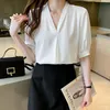 Women's Blouses & Shirts Mint Green 2023 Summer Short Sleeve Satin Texture Loose Casual V-Neck French White Shirt Women Plus Size Tops Ladie