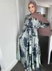 Ethnic Clothing Printed Muslim Long Dress Kaftan 2023 Women Wrap Front Belted Hijab Dresses Dubai Islamic Turkish Modest Abaya Ramadan