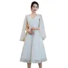 White Evening Dresses V-Neck Long Sleeves Tea-length New Sequins Simple Plus size Customized Woman Formal Dress