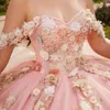 Розовая возлюбленная Quinceanera платья для шариковых платье для сладких девушек Applique 3dflowers vestidos de xv Anos Beads Beads Платье для выпускного вечера