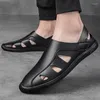 Sandali da uomo in pelle ultra-fibra casual con fori comodi classici scarpe da spiaggia piatte antiscivolo grigio nero