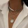 ペンダントネックレスゴスバロック模倣真珠コインポートレートネックレス女性ビンテージマルチレイヤーリンクチェーンパンク美学ジュエリー