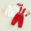 Kledingsets Babymeisjes Spring -outfit Wit Wit met lange mouwen Ruches Tops Solid Color Suspender broek Hoofdband