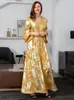 Casual Dresses Muslim Party Long Dress Kaftan Gold Print Lined Chiffon Abaya Women Braid Trimmings Moroccan Caftan Arab Dubai Ramadan