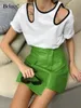 Skirts Bclout Autumn Green Leather Elegant High Waist Office Lady Patchwork Mini Skirt Fashion Sexy Short Y2k 230413