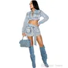 Denim Cargo Deux Pièces Robe Ensemble Femmes Streetwear Sexy Survêtement À Manches Longues Simple Boutonnage Récolte Vestes Haut Et Poches Ceinture Mini Jupe Ensemble 2 pièces Costumes