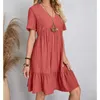 Casual Dresses Summer Women Fashion Casual V-Neck Solid Long Dresses Vintage High Waist A-Line Simple Elegant Lantern Sleeve Party Dress 230413