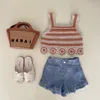 Clothing Sets Girl's Korean Hollow Crochet Knitting Shirt Top Summer Sweet Holiday Style Vest Jeans Kids Clothes Toddler Tshirt Denim Shorts 230412