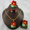 Conjunto de collar y pendientes para mujer, joyería encantadora, diseño de corazón colorido de Dubái africano y anillo de brazalete, compromiso, 4 Uds.