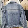 Damenjacken Blaue kurze Jeansjacke für Frauen Herbst lose lässig schicke Perlenperlen Diamant ausgefranste Fransen Quasten Saum Jeans Casaco feminino J231113