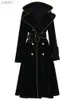 Kvinnors trenchockar Lautaro Spring Autumn Long Black Velvet Trench Coat For Women with Gold Trim Sashes Double Breasted Luxury Designer Fashion 2022L231113