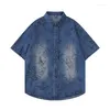 Heren casual shirts zomer vintage hiphop vlinder graffiti korte mouwen oversized harakuju streetwear button-up blouse voor mannen blauw