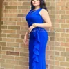 Elegant Royal Blue Arabic Evening Dress 2024 With Ruffles Charming O Neck Sleeveless Prom Dress Turkey Formal Occasion Birthday Party Wear Women Robe De Mariage