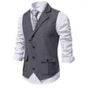 Men's Vests Suit Vest Western Herringbone Tuxedo Tweed Wool Blend Waistcoat Slim Fit Grey Blazer With 2 Flap Pocket