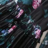 Summer Black Floral Print Ruffle Dress Long Sleeve V-Neck Pleated Midi Casual Dresses A3A101512