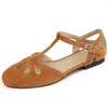 Sandali da donna in pelle scamosciata naturale con cinturini a T scavati appartamenti estivi punta tonda casual femminile morbida scarpe quotidiane comode da donna