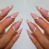 Faux ongles 24 pièces rose et blanc bordé de perles, patchs d'ongles portables, vente en gros, fausse presse sur l'art pour jolie fille