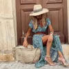 Casual jurken vrouwen boho lange jurk mode paisley print v nek korte mouw jurken zomer riem grote zoem strandjurk elegante spleet rok 230413