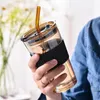 Tumblers 450 ml met stro -glas koffiekop dikke mug melksap Drinkware Travel verzegeld Stangige niet -bruikbare waterkantoor cadeau 230413