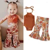 Kledingsets Focusnorm 0-18m Infant Baby Girl 2pcs Kleding Mouwloze halter geribbelde romper zonnebloem geprinte flare broek set