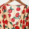 Damenblusen 2023 Frühling und Sommer Apple Print V-Ausschnitt Schlanke Taille Kurzarmhemd Damen