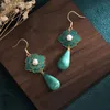 Dangle Chandelier National Trend China Elements Accessories Ancient Gold-Plated Green Camellia Retro Turquoise Pendant Earrings for Women 230413