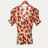 Women's Blouses 2023 lente en zomer appelprint v-hals slanke taille shirt met korte mouwen shirt vrouwen
