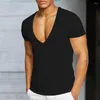 Heren t shirts heren t-shirt vaste kleur diep v nek zomer slanke fit pullover zweet absorptie sport top zachte middelste lengte