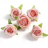 Fleurs décoratives 10 pièces 4CM fleur artificielle avec feuilles petit bourgeon tissu en soie décoration de la maison Rose matériel de bricolage