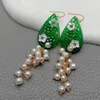 Boucles d'oreilles pendantes YYGEM 24x40mm Jade vert sculpté fleur de coquillage blanc perle grappe or sur argent Sterling crochet boucle d'oreille