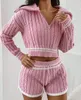 Women's Tracksuits Two Piece Set Women Outfit 2023 Casual Long Sleeve Turn-Down Collar Striped Cable Knit Cardigan & Fashion Drawstring