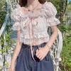 Kvinnors blusar sommar japanska lolita kawaii blus kvinnor spetsa rosa frankrike söt söt kvinnlig puff ärm koreansk stil grödor 2023