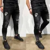 Мужские джинсы джинсы мужская модная уличная дыра Черная карандашные брюки Мотоциклевые вечеринка повседневные джинсовые брюки молнии Zipper Cool Design #LR2 W0413