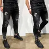 Jeans masculinos Men Fashion Street Hole Black Lápis Pants Motocicleta Partema Casual Denim Zipper Design Cool #LR2 W0413