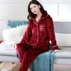 Mulheres sleepwear mulheres engrossar flanela quente pijama vinho vermelho pijama conjunto manga longa pijama terno feminino sono duas peças