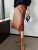 Kjolar Autumn Winter Women's Leather with Side Slit Aline Vintage Long Midi High midja PU Faux Pencil 230413