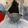 Sky Blue Quinceanera Sweet 16 Dresses Lace Applique 3D Flower Beading Crystal With Cape Lace-up Prom Ball Gowns Graduation