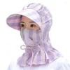 Visors Summer Plaid Sun Hats Face Neck With Fan Protection Cap Wide Brim Anti-UV Outdoor Hiking Sunscreen Hat Visor Caps