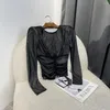 Women's Blouses 2023 Original Sexy Invisible Zipper Ruched Black See Through Long Sleeve Stretchable Tulle Tops For Women