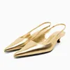 Nxy Sandals Gold Leather Pumps for Women Summer Pointed Toe Heeled Woman Sexy Wedding Stiletto Elegant Heels Slingbacks 230406