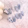 False Nails Blue Rose Angel French Fingernails Fake Artificial Press On Short Art Wearable Reusable Adhesive Nail Tips With Glue