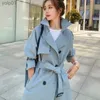 Trenchs de femmes 2021 Mode Femmes Trench-Coat Beige Bleu Long Double Boutonnage Avec Ceinture Printemps Automne Lady Manteau Fe Coréen Lâche Survêtement L231113