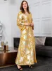 Casual Dresses Muslim Party Long Dress Kaftan Gold Print Lined Chiffon Abaya Women Braid Trimmings Moroccan Caftan Arab Dubai Ramadan