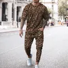 Heren tracksuits Leopard Print T -shirt broek Fashion Mens Streetwear Sports korte mouw T -shirtpants 2 pc's sets mannen tracksuit jogging 230413