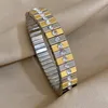 Bangle Chunky Inlay Strass Quadrado Grosso Elasticidade Pulseira de Aço Inoxidável para Mulheres À Prova D 'Água Pulso Moda Jóias