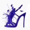 Sandali Scarpe di lusso Donna Designer Piuma Decor Catwalk Tacchi Donna Sexy Strappie Blu Viola Nero 11 CM Donna