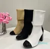 Leather stretch-knit Booties high-heeled Sock Boots women Slip-on Sock-like cuff chunky heels luxury designers Fashion evening party shoes factory footwear size