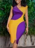 Casual Dresses Women Bodycon Dress Yellow Purple Patchwork Short Sleeve Office Lady Slim Femme Vestido Modest African Large Size Summer Fash