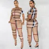 DR862 Women's Two Piece Pants summer short sleeve plaid t shirt tee pants Women's Clothing